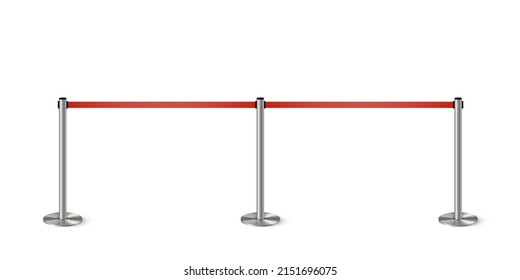 Metal column barrier with red rope. Silver luxury VIP design element for exhibition pavilion, auto show, theatre and cinema premier, winner reward ceremony. Guard object isolated on white background