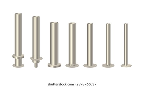 Metal column with different diameters. Realistic steel, aluminum or stainless steel poles on a round base set. Vector illustration 