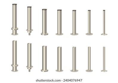Metal columns with caps of different diameters.   Steel 3d pipes. Metal poles. Vector design for advertising banners of street lamps.