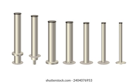 Metal columns with caps of different diameters.   Steel 3d pipes. Metal poles. Vector design for advertising banners of street lamps.