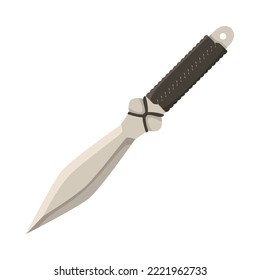 Daga de combate metálico con ilustración de caricatura de mango negro. cuchilla de guerrero, caza o cuchillo militar sobre fondo blanco. Arma, concepto de protección