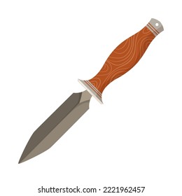 Metal combat dagger with brown handle cartoon illustration. Warrior blade, hunting or military knife on white background. Weapon, protection concept