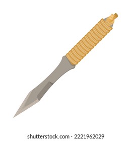 Metal combat dagger with rope handle cartoon illustration. Warrior blade, hunting or military knife on white background. Weapon, protection concept