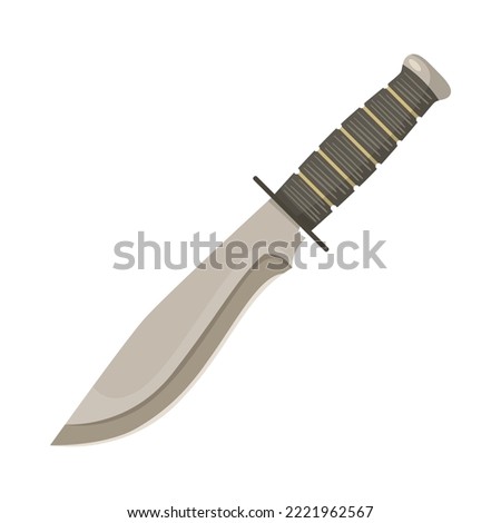 Metal combat machete with black handle cartoon illustration. Warrior blade, hunting or military knife on white background. Weapon, protection concept