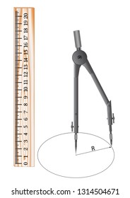 Metal compasses for use in drawing work and geometry lessons, schoolchildren and students in educational institutions. Ruler, triangle, compass - student set.