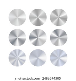 Metal conical gradient discs set. Round surfaces of steel, silver and aluminum. 