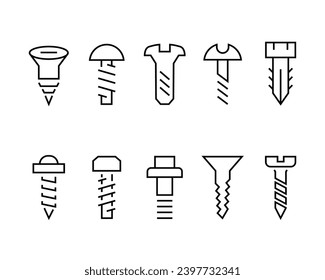 Metal Construction Hardware icon set.bolts, nuts, screws, lock washer, pvc dowel, pipe clamp, roofing screw, steel tools line icons set, editable stroke isolated on white, linear vector outline 