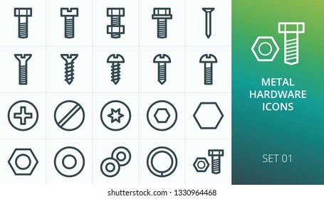 Metal construction hardware linear icons set. Set of screw, bolt, washer, metalware, nut, diy, hexahedron, metal nail isolated vector icons