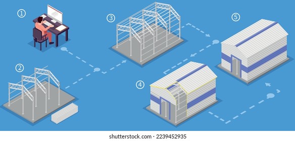 Metal constructions infographic set with industrial buildings technology structure symbols isometric vector illustration