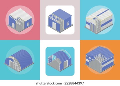 Construcciones metálicas cuadradas con símbolos de paisajes urbanos isométricos ilustraciones vectoriales aisladas