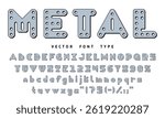 Metal constructor font, steel shapes typeface, kids construction blocks toy alphabet letters and numbers. Metal building game parts vector typography type of english abc characters with holes