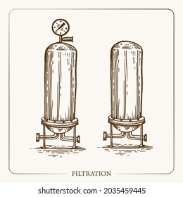 Metal container for Filtration infuse apples pressure and temperature sensor. Vintage sketch garden background. Hand drawn design. Vector illustration. 