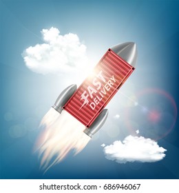 Metal container is flying on a rocket into the sky. Cargo fast delivery. Stock vector illustration.