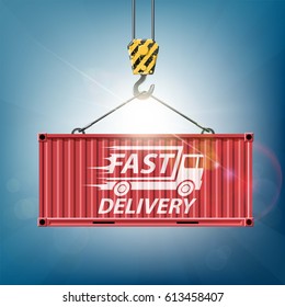 Metal container is hanging on the crane hook. Cargo delivery. Stock vector illustration.