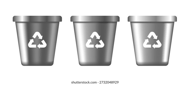 Contenedores metálicos para la clasificación de residuos. Contenedores de reciclaje. Vector ilustración 3D.