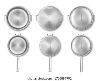 Metal Cooking Pot And Frying Pan Top View. Vector Realistic Mockup Of Empty Steel Saucepan And Skillet With Handles And Lid. Stainless Casserole, Kitchen Utensil Isolated On White Background