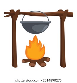 Metal cooking pot is hanging over a burning campfire on a wood branch, in cartoon style