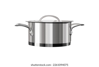 Artículos de cocina metálica en cromo, ilustración vectorial realista sobre fondo blanco 