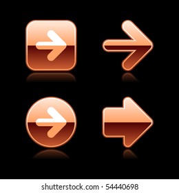 Metal copper arrow web buttons with reflection on black background