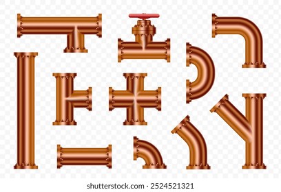 Elementos de tubería de cobre metálico con válvula, diferentes Formas para agua, gas o petróleo crudo. Aislado sobre un fondo transparente. Plantilla de existencias de Vector