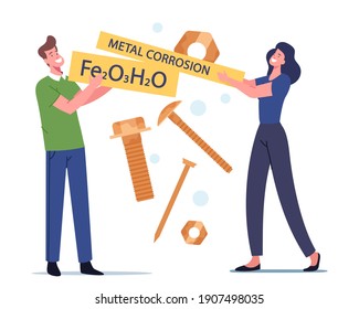 Metal Corrosion Concept. Tiny Male and Female Characters Holding Huge Formula of Chemical Reaction of Rust. Screws and Nuts Covered with Oxide Rusty Reddish Coating. Cartoon People Vector Illustration