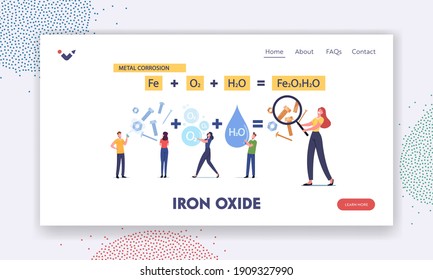 Metal Corrosion Landing Page Template. Tiny Characters at Huge Formula of Chemical Reaction of Rust. People Use Protective Spray against Oxide Rusty Reddish Coating. Cartoon Vector Illustration