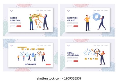 Metal Corrosion Landing Page Template Set. Tiny Characters at Huge Formula of Chemical Reaction of Rust. People Use Protective Spray against Oxide Rusty Reddish Coating. Cartoon Vector Illustration