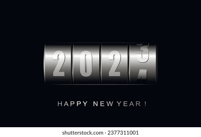 A metal counter counts the chronology. Happy New Year 2024. Vector.