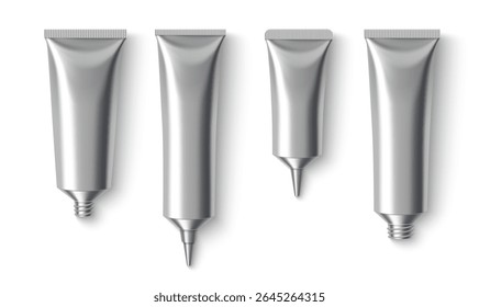 Metal cream tubes collection - silver aluminum containers with screw threads, pointed nozzles and ribbed tops for cosmetic packaging. Empty squeezable metallic vessels isolated on white background.