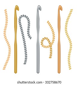 Metal crochet hooks and a piece of string or thread - vector collection.
