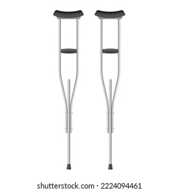 Las muletas metálicas ajustables desactivaron dos cañas con soporte adicional para ilustración vectorial realista. Equipo médico de ayuda para el desplazamiento para pacientes de edad avanzada dispositivo auxiliar de rehabilitación para la recuperación de lesiones