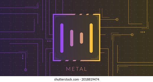 Metal cryptocurrency logo on dark background with circuits decoration.