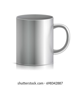 Metal Cup, Mug Vector. 3D Realistic Metallic Chrome, Silver Cup Isolated On White Background. Classic Mug With Handle Illustration. For Business Branding