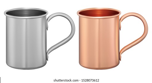 Metal cup set. Aluminum or steel tourist mug. Coffee, tea or water flask mockup template isolated on white. Copper tin vector blank. Silver, gold metallic travel cup with handle. Shiny touristic jar
