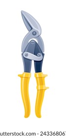 Cortador de metal icono 3d. Herramienta de tijeras con cuchilla afilada y asas de plástico amarillo. Vector cortador aislado sobre fondo blanco. Herramienta de tijeras de dibujos animados. Reparar instrumento de tijeras. Icono realista del manitas