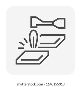 Metal cutting icon. Also called oxy-fuel cutting. By using fuel gas and oxygen to cut metal. Consist of cutting torch or blowtorch and metal workpiece. For metalworking and construction. 64x64 px icon