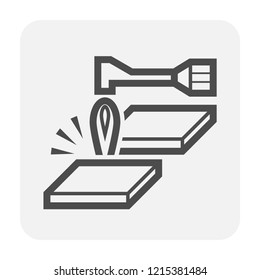 Metal cutting icon. Also called oxy-fuel cutting. By using fuel gas and oxygen to cut metal. Consist of cutting torch or blowtorch and metal workpiece. For metalworking, fabrication and construction.