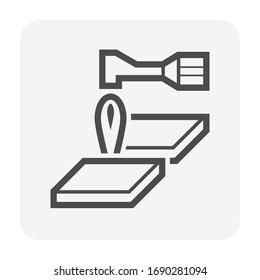 Metal cutting icon. Also called oxy-fuel cutting. By using fuel gas and oxygen to cut metal. Consist of cutting torch or blowtorch and metal workpiece. For metalworking, fabrication and construction.