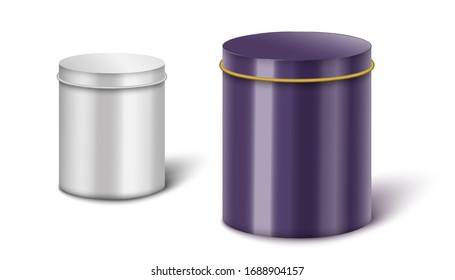 Metal cylinder box mockup set - big and small steel containers in silver and purple color isolated on white background, packaging design template vector illustration