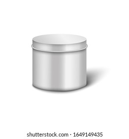 Metal cylinder jar mockup with closed round lid and realistic shiny silver texture isolated on white background - beauty cream container vector illustration.