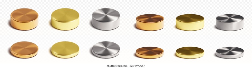 Metal cylinder product podiums in different sizes and angles. Realistic 3D vector set of gold, silver and bronze round stands for goods demonstration or awarding winner. Circle pillar platform mockup.