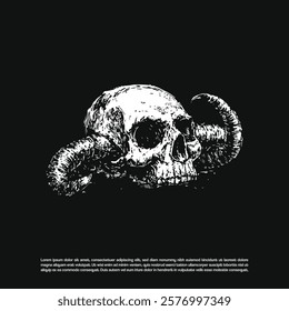 Metal dead art human skull with two horn isolated on black background