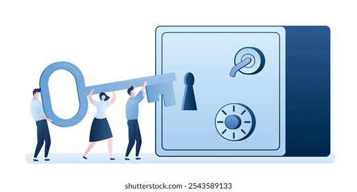 Metal deposit safe with key hole and business people holding big key. Successful business concept background. Humans characters and bank strongbox enter isolated on white. Trendy vector illustration