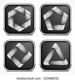 Metal design elements, geometric symbols on dark, vector illustration