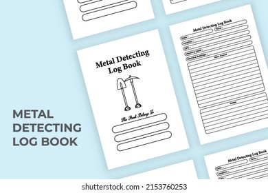 Metal detecting info tracker interior. Metal detector experience and location information recorder journal template. Interior of a notebook. Daily digging work activity tracker interior.