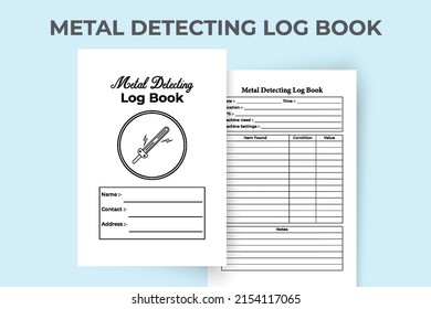 Metal detecting journal interior. Daily digging work experience and item description log book template. Interior of a notebook. Metal detecting information and task tracker interior.