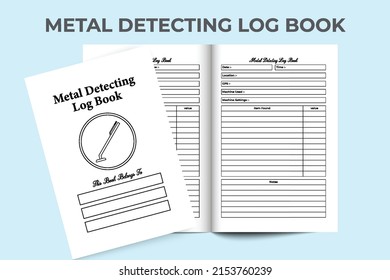 Metal detecting log book interior. Metal detector work information and item description notebook template. Interior of a journal. Metal detecting machine and digging information tracker interior.