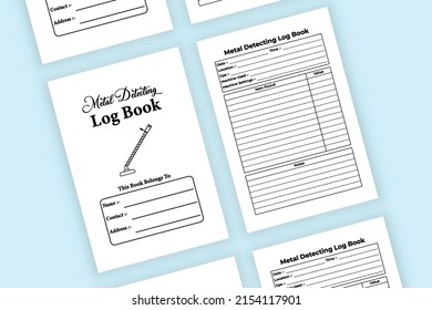 Metal detecting logbook interior. Metal detecting location recorder and item information tracker template. Interior of a logbook. Digging location and work experience checker interior.