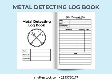 Metal detecting notebook interior. Digging work location and item information tracker template. Interior of a logbook. Metal detector information and work activity checker interior.