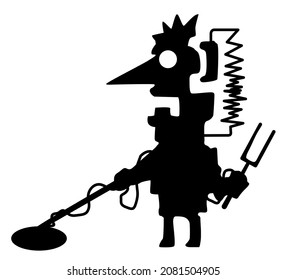 Metal detector crazy surreal figure silhouette stencil black, vector illustration, horizontal, over white, isolated

